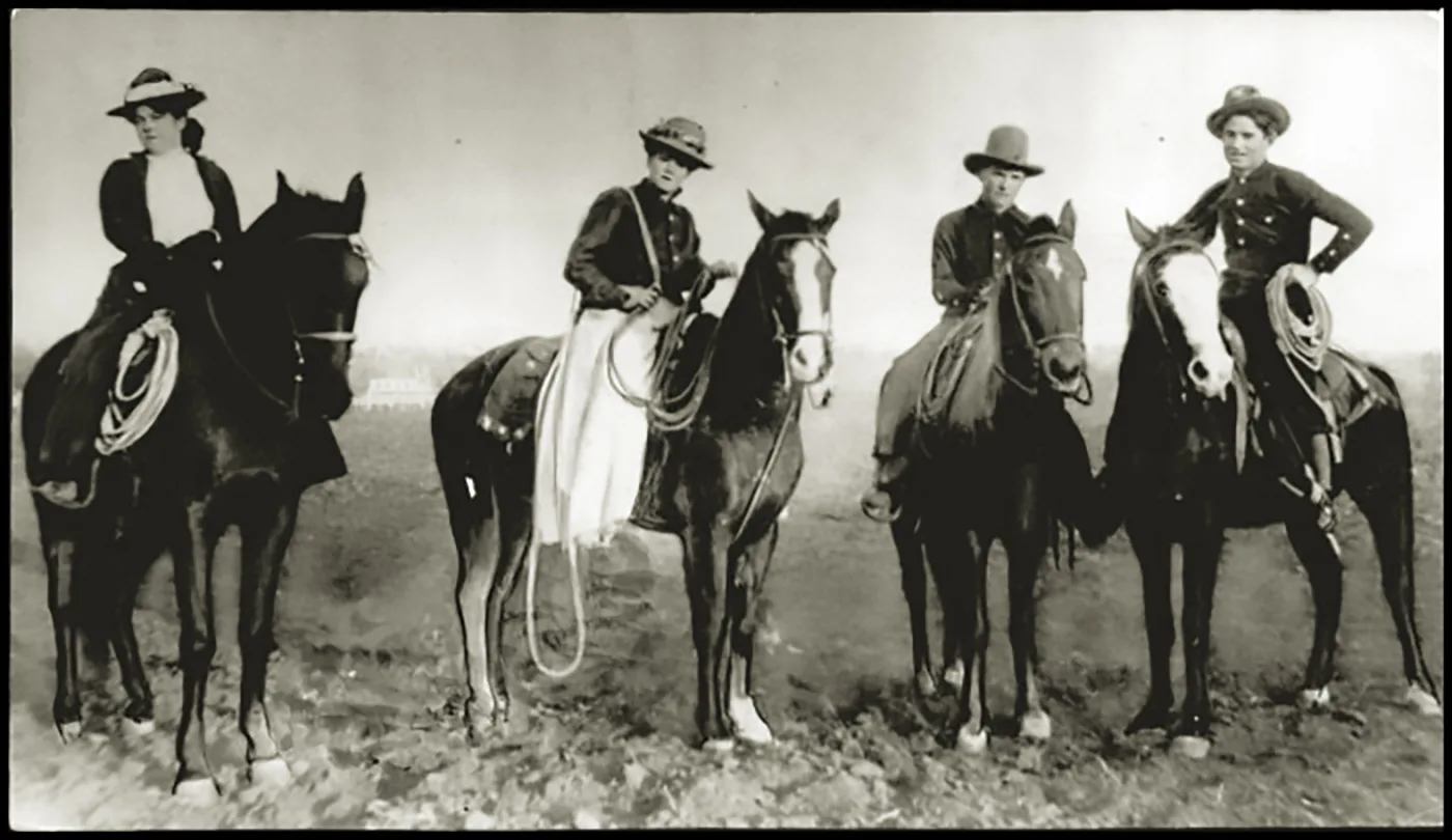 Second from left, Lucille Mulhall and, on the far right, Will Rogers, both rode horses in their younger days. Courtesy of the Oklahoma Historical Society.