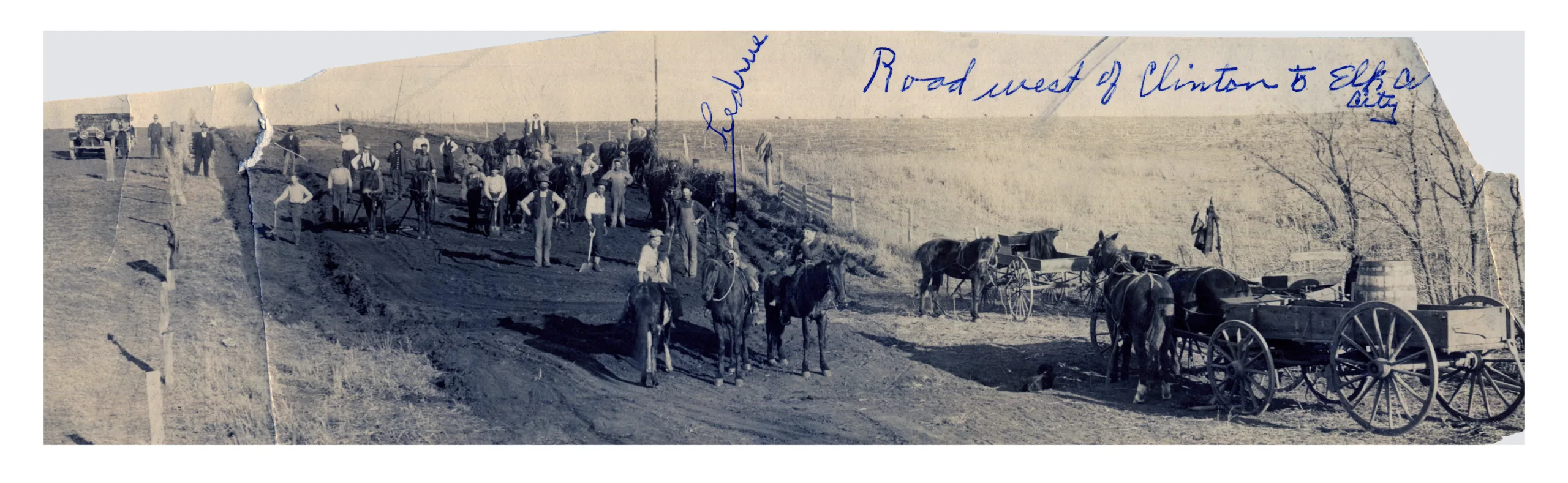 Work crews and horses construct U.S. Highway 66 west of Clinton to Elk City in Oklahoma. The car in the background is a late teens to early 1920s model. Courtesy of the Oklahoma Historical Society.