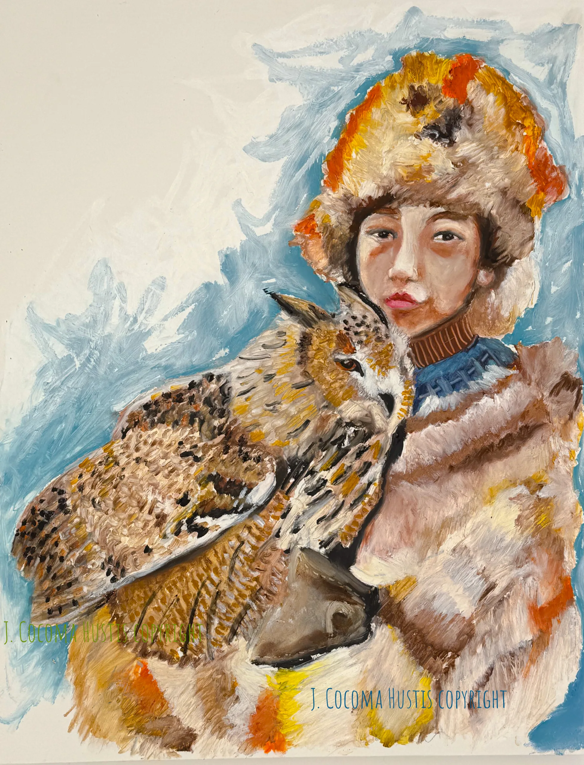 “Holding Wisdom,” 16 x 20, oil on board, by Jennifer Cocoma Hustis, inspired by Nancy Litsch photo.